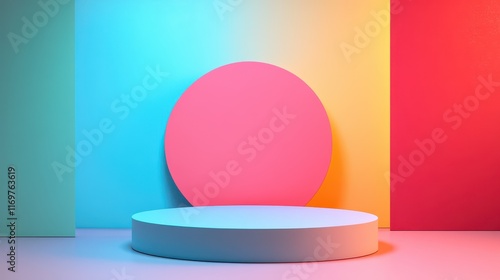 A vibrant geometric podium stands ready for product presentation against a colorful abstract background. photo