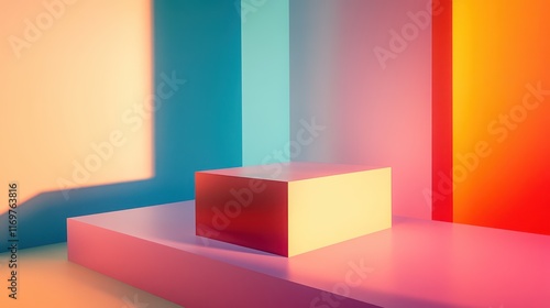 A vibrant geometric podium stands ready for product presentation against a colorful abstract background. photo