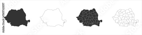 Romania set of three maps - solid map, outline map and map highlighting administrative divisions. Three distinct maps illustrate various representations of a geographical area.