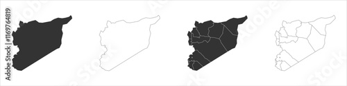 Syria set of three maps - solid map, outline map and map highlighting administrative divisions. Three distinct maps illustrate various representations of a geographical area.