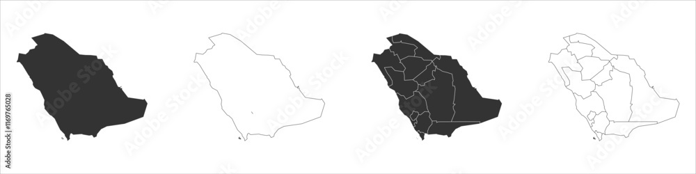 Fototapeta premium Saudi Arabia set of three maps - solid map, outline map and map highlighting administrative divisions. Three distinct maps illustrate various representations of a geographical area.
