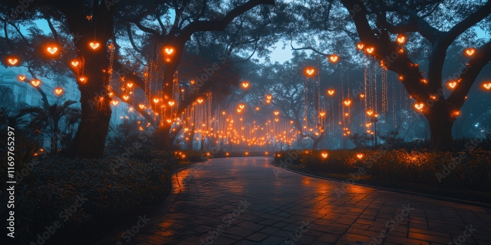 Magical Evening Pathway Illuminated by Warm Lantern Lights Amidst Enchanting Forest - Serene Night Stroll Captured with Glowing Orbs and Mystical Ambiance Magical Evening Pathway Illuminated by Warm Lantern Lights Amidst Enchanting Forest - Serene Night Stroll Captured with Glowing Orbs and Mystical Ambiance