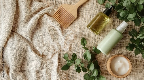 A serene flat lay of hair care products, a wooden comb, and green foliage on a textured surface, evoking a natural, soothing beauty routine.