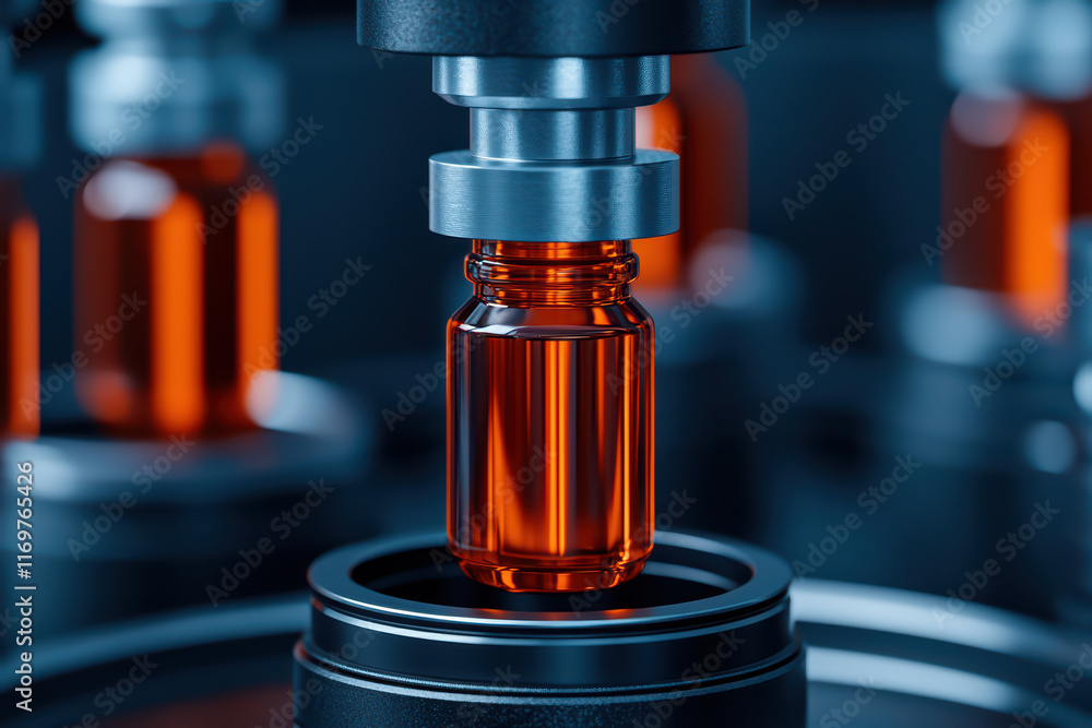 Close up of laboratory vial with orange liquid in focus Close up of laboratory vial with orange liquid in focus