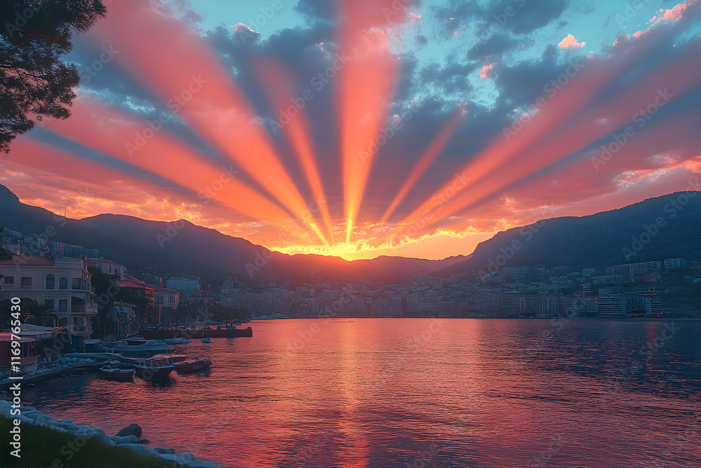 Fototapeta premium Vibrant sunset over coastal town with crepuscular rays.