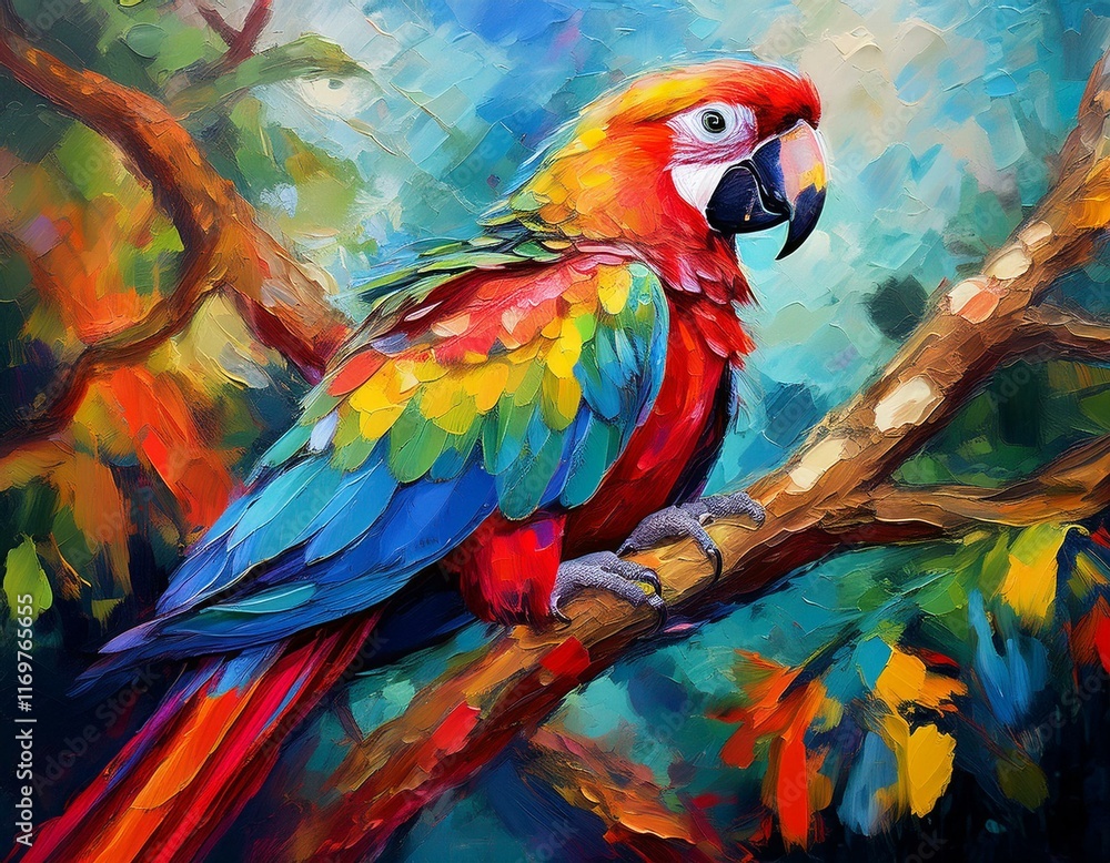 Fototapeta premium oil painting of a colorful parrot on a tree branch