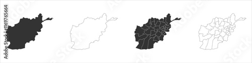 Afghanistan set of three maps - solid map, outline map and map highlighting administrative divisions. Three distinct maps illustrate various representations of a geographical area.