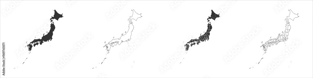 Japan set of three maps - solid map, outline map and map highlighting administrative divisions. Three distinct maps illustrate various representations of a geographical area. Japan set of three maps - solid map, outline map and map highlighting administrative divisions. Three distinct maps illustrate various representations of a geographical area.