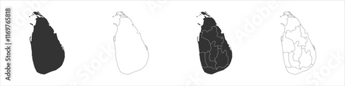 Sri Lanka set of three maps - solid map, outline map and map highlighting administrative divisions. Three distinct maps illustrate various representations of a geographical area.