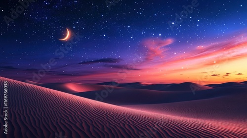 arabian desert dunes at night with stars and crescent moon, colorful sky, photorealistic photo