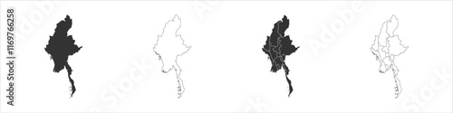 Myanmar set of three maps - solid map, outline map and map highlighting administrative divisions. Three distinct maps illustrate various representations of a geographical area.