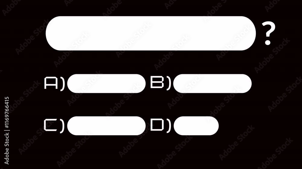 Colorful animated quiz template line animation, option selection, and question mark on black background, ideal for educational content, online quizzes, and interactive presentations. Colorful animated quiz template line animation, option selection, and question mark on black background, ideal for educational content, online quizzes, and interactive presentations.