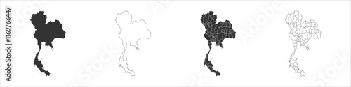 Thailand set of three maps - solid map, outline map and map highlighting administrative divisions. Three distinct maps illustrate various representations of a geographical area.