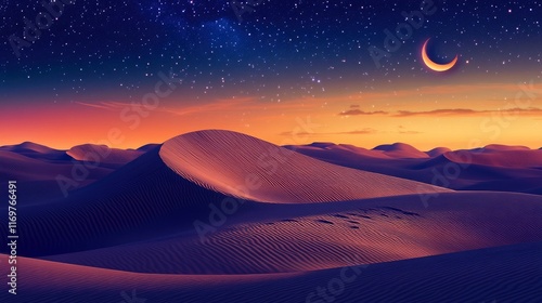 arabian desert with sand dunes, starry sky and crescent moon, colorful sunset