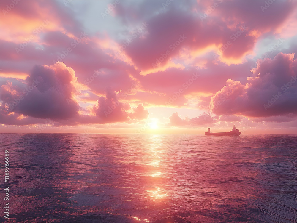 Pink sunset over calm ocean with a cargo ship on horizon. Pink sunset over calm ocean with a cargo ship on horizon.