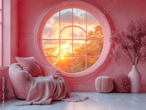 Pink room with round window, sunset view, armchair, and decor. photo