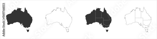Australia set of three maps - solid map, outline map and map highlighting administrative divisions. Three distinct maps illustrate various representations of a geographical area.