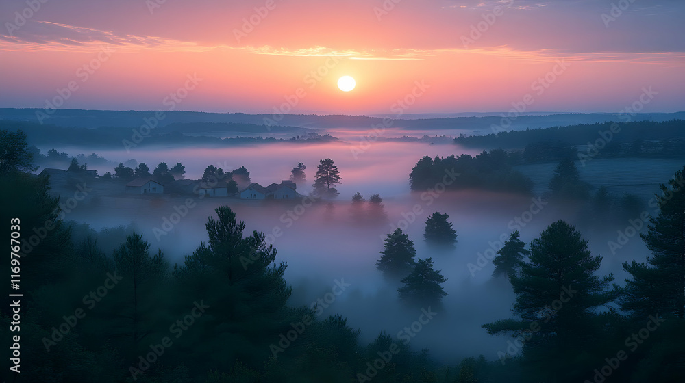 Fototapeta premium Sunrise over misty valley with houses and trees.