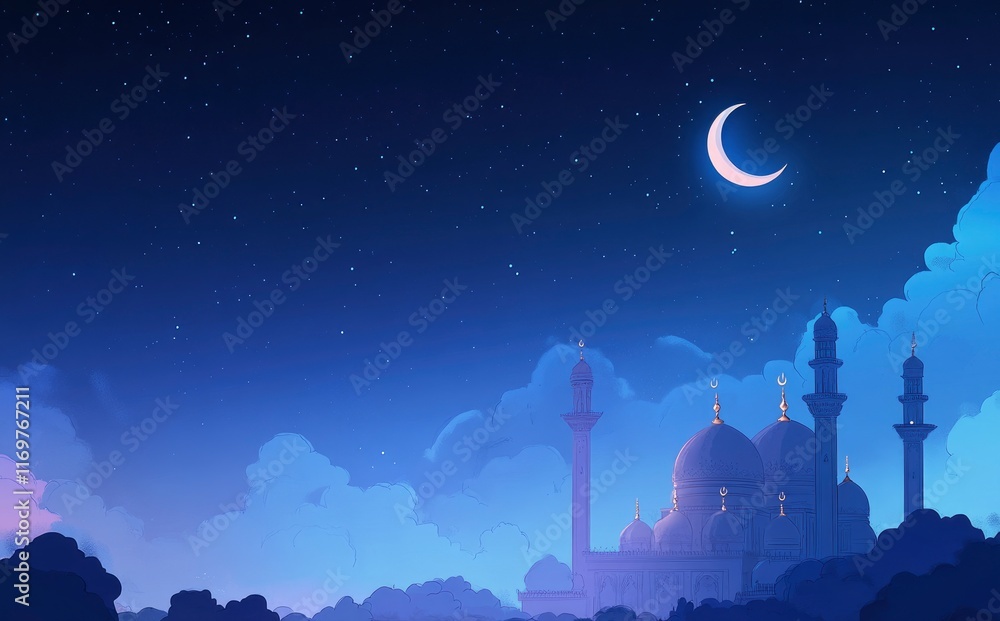 Beautiful mosque in the sky with crescent moon and stars, Ramadan background banner design with copy space . Blue-colored sky with clouds. Beautiful mosque in the sky with crescent moon and stars, Ramadan background banner design with copy space . Blue-colored sky with clouds.