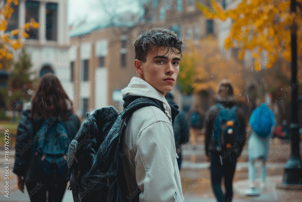 Young handsome man walking in the city on a rainy autumn day. Young handsome man walking in the city on a rainy autumn day.