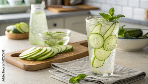 In a softly lit kitchen a glass of cucumberinfused water sparkles with freshness condensation beading on its surface. The thin translucent slices of cucumber create a photo