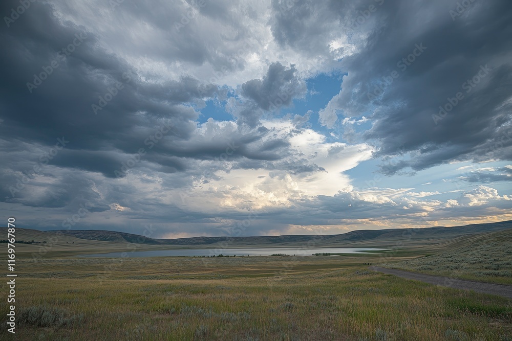 an expansive view of the sky with dramatic clouds over an empty road in Pat/open prairie near enormous lake, urtleback energy is written on it, shot from low angle, natural lighting, national geograph an expansive view of the sky with dramatic clouds over an empty road in Pat/open prairie near enormous lake, urtleback energy is written on it, shot from low angle, natural lighting, national geograph