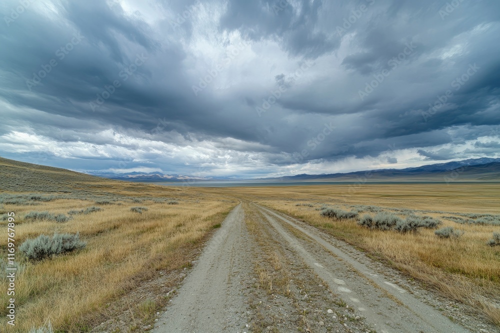 Fototapeta premium an expansive view of the sky with dramatic clouds over an empty road in Pat/open prairie near enormous lake, urtleback energy is written on it, shot from low angle, natural lighting, national geograph