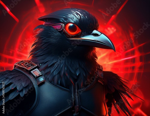 a black bird with red eyes and a red background the bird is wearing a black vest and a black helmet photo