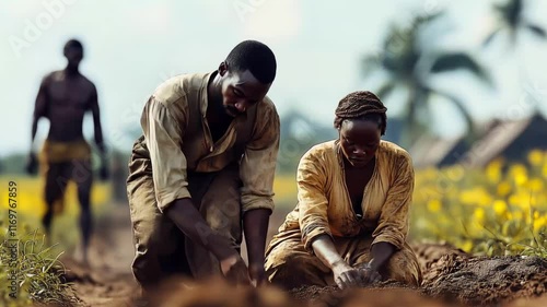 A couple toils together in the fields, demonstrating the hard labor of enslaved individuals on American plantations. Their efforts highlight the struggles faced during this historical period