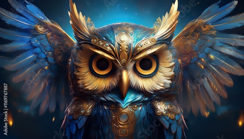 a blue and gold owl with its wings spread out the owl is looking at the camera the image has a whimsical and playful mood photo