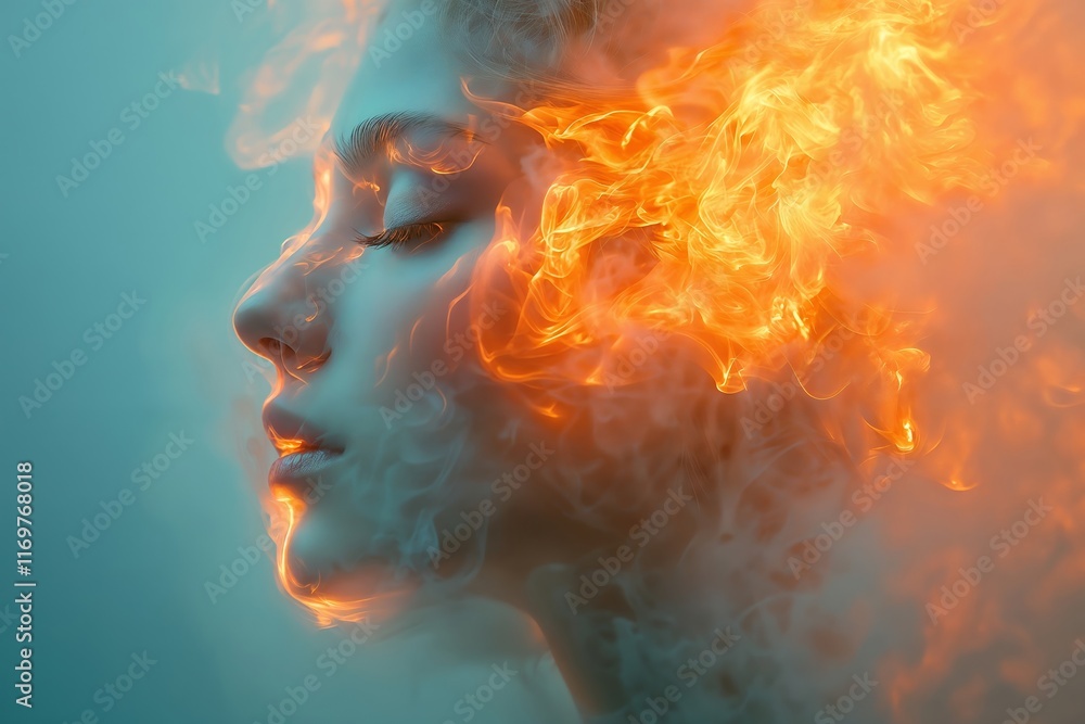 Profile of a Woman Merged with Bright Fiery Flames, Expressing Power and Intensity Profile of a Woman Merged with Bright Fiery Flames, Expressing Power and Intensity