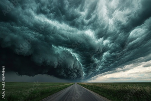 an expansive view of the sky with dramatic clouds over an empty road in Pat/open prairie near enormous lake, urtleback energy is written on it, shot from low angle, natural lighting, national geograph photo