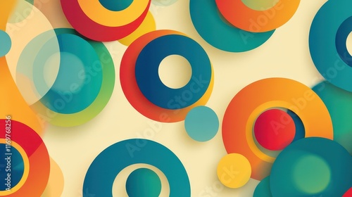 An abstract background design featuring bright-colored circular rings arranged in a minimalistic pattern. photo