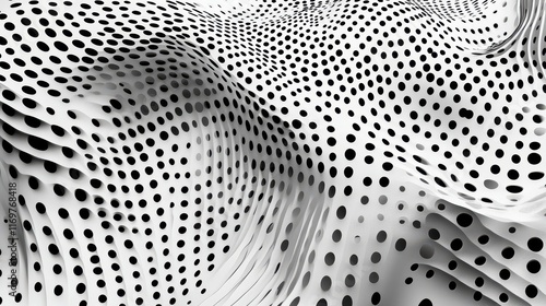 An abstract black and white dot wave pattern creates a visually striking wallpaper with its dynamic interplay of shapes and contrasts. photo