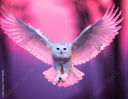 a white owl is flying through a neon pink background the bird s wingspan is large and it is in motion the pink lighting creates a dreamy ethereal atmosphere emphasizing the bird s graceful flight photo