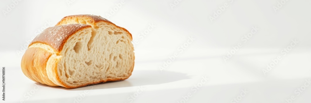 Freshly baked croissant sliced open, showcasing layers of fluffy pastry and delicate texture, illuminated softly against a bright, minimal background Freshly baked croissant sliced open, showcasing layers of fluffy pastry and delicate texture, illuminated softly against a bright, minimal background
