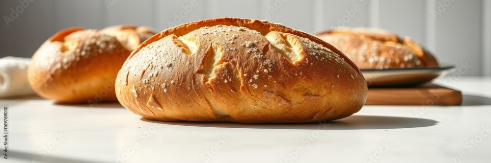 Freshly baked bread loaves with a golden crust, beautifully arranged on a countertop, conveying warmth and homey comfort, with a bright and airy kitchen background