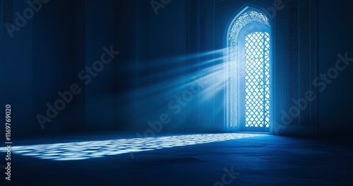 An open door with light rays streaming in, casting patterns on the wall and floor, symbolizing a city hall illuminated by ethereal lights. The design incorporates shades of white and blue, creating