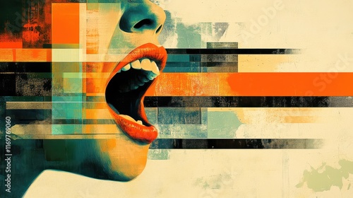 An abstract collage featuring a halftone pattern of a shouting mouth, set against a trendy grunge background. photo