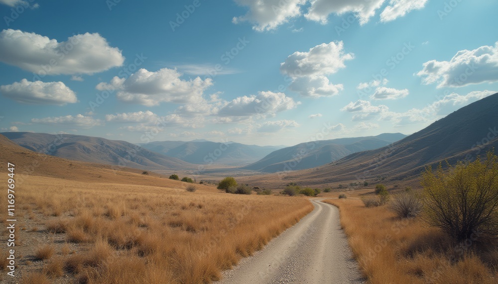 A serene dirt road meanders through expansive golden grasslands, framed by majestic mountains under a bright blue sky. The tranquil scene evokes a sense of adventure and freedom, inviting exploration A serene dirt road meanders through expansive golden grasslands, framed by majestic mountains under a bright blue sky. The tranquil scene evokes a sense of adventure and freedom, inviting exploration