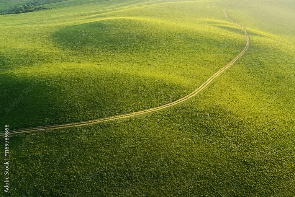 Obraz premium Beautiful grassy field with a winding road, a vibrant green meadow, rolling hills, a sunny day, a blue sky, an aerial view, a wide-angle lens, natural landscape photography, golden hour lighting