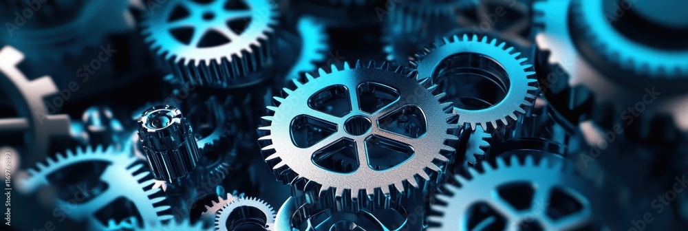 Industrial machinery, detailed metal gears, interlocking cogs, blue tinted metallic surfaces, complex mechanical system, precision engineering, steampunk aesthetic, industrial background, machine part