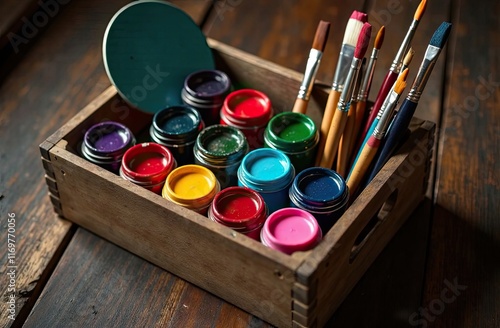 Vibrant art supplies in a rustic wooden box on a dark wooden surface photo