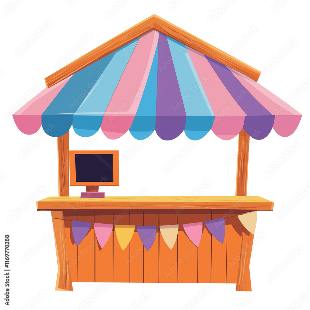 Obraz premium Colorful market stall with computer displaying showing transparent background