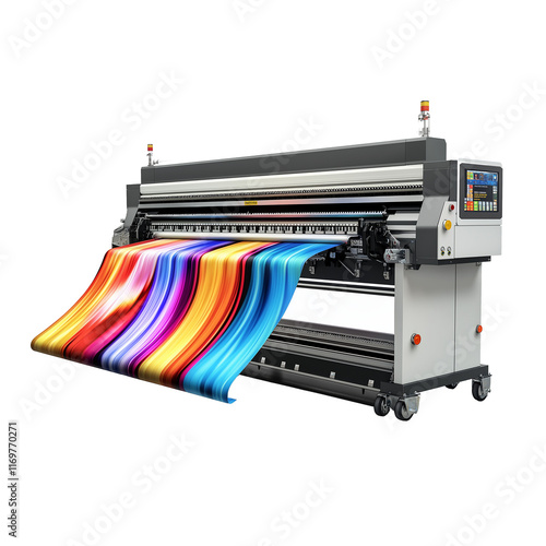 Large format inkjet printer printing a colorful canvas with transparent background photo