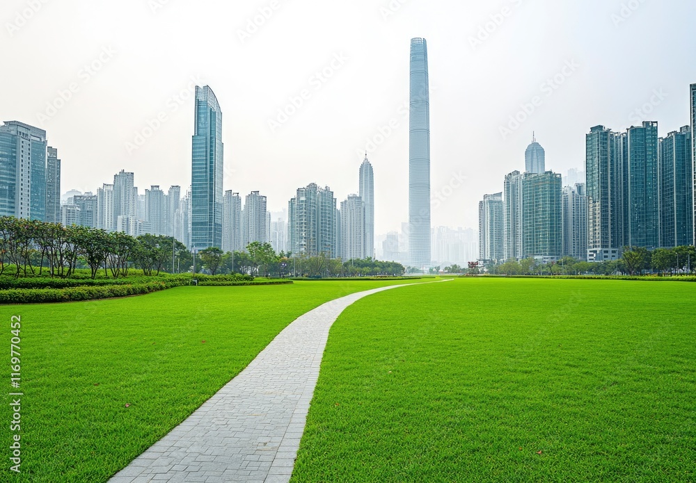 Obraz premium Beautiful green lawn in the city, with tall buildings and skyscrapers on both sides of it. The background is a white sky. In front of you can see an empty park path leading to a distant building. Ther