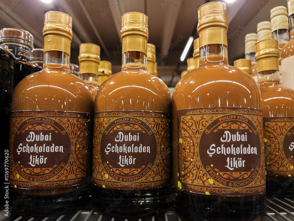 dubai-chocolate-liqueur-bottles-displayed-on-shelves-stock-photo