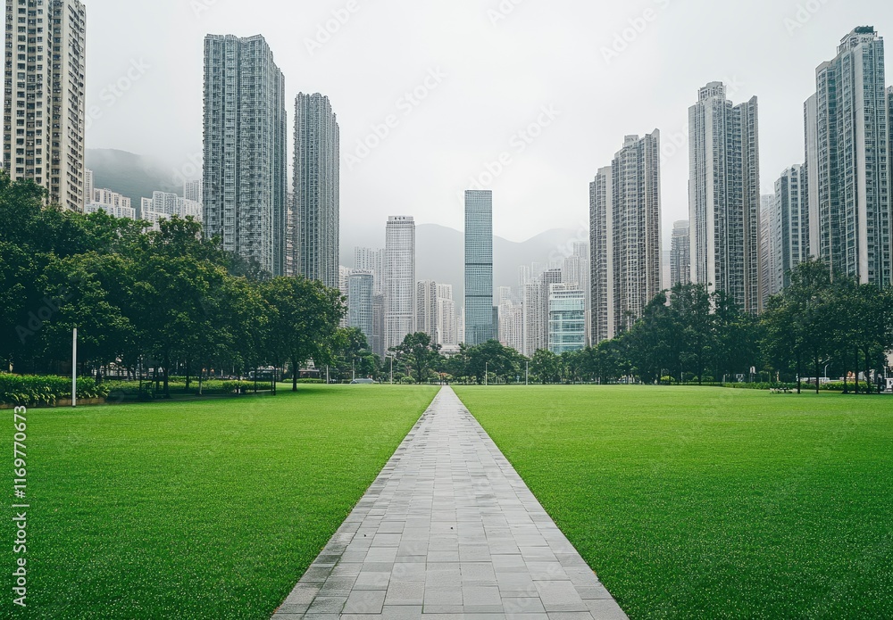 Beautiful green lawn in the city, with tall buildings and skyscrapers on both sides of it. The background is a white sky. In front of you can see an empty park path leading to a distant building. Ther