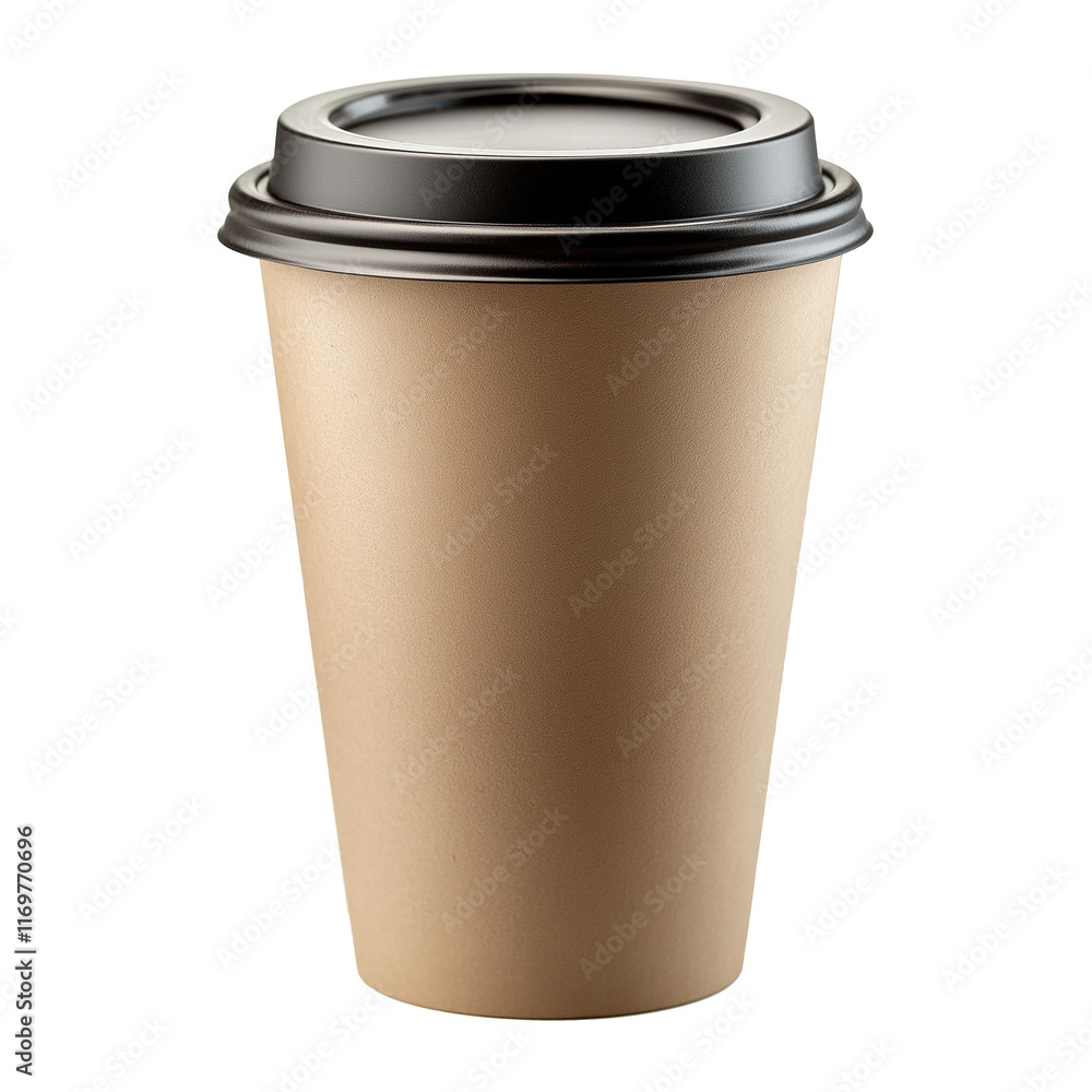 Disposable paper coffee cup with black lid on transparent background Disposable paper coffee cup with black lid on transparent background