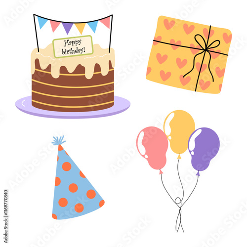 Celebrate with a delightful birthday cake, balloons, and colorful gift decorations